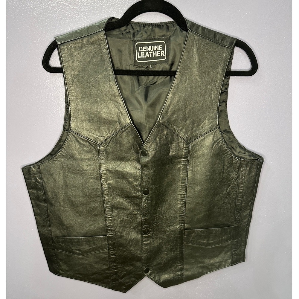 Mens Genuine Leather Vest Black V-Neck Button Front Pockets L